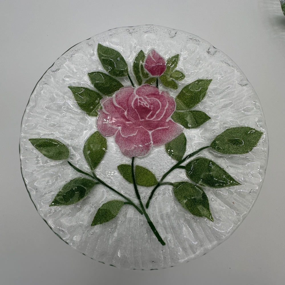 Sydenstricker Fused Glass Pink Rose Plates Set of 2 Signed Syd Cape Cod 8.25in - Picture 3 of 8